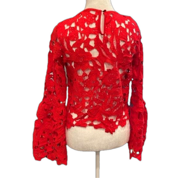 Red S/M cutwork lacy crop top with wide sleeves from above wrist buttons at neck - Picture 3 of 7